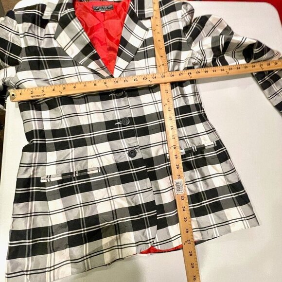 Harris Wallace Silk Blazer Jacket Women Size 12 Black Plaid Long Sleeve Collared - Picture 7 of 7